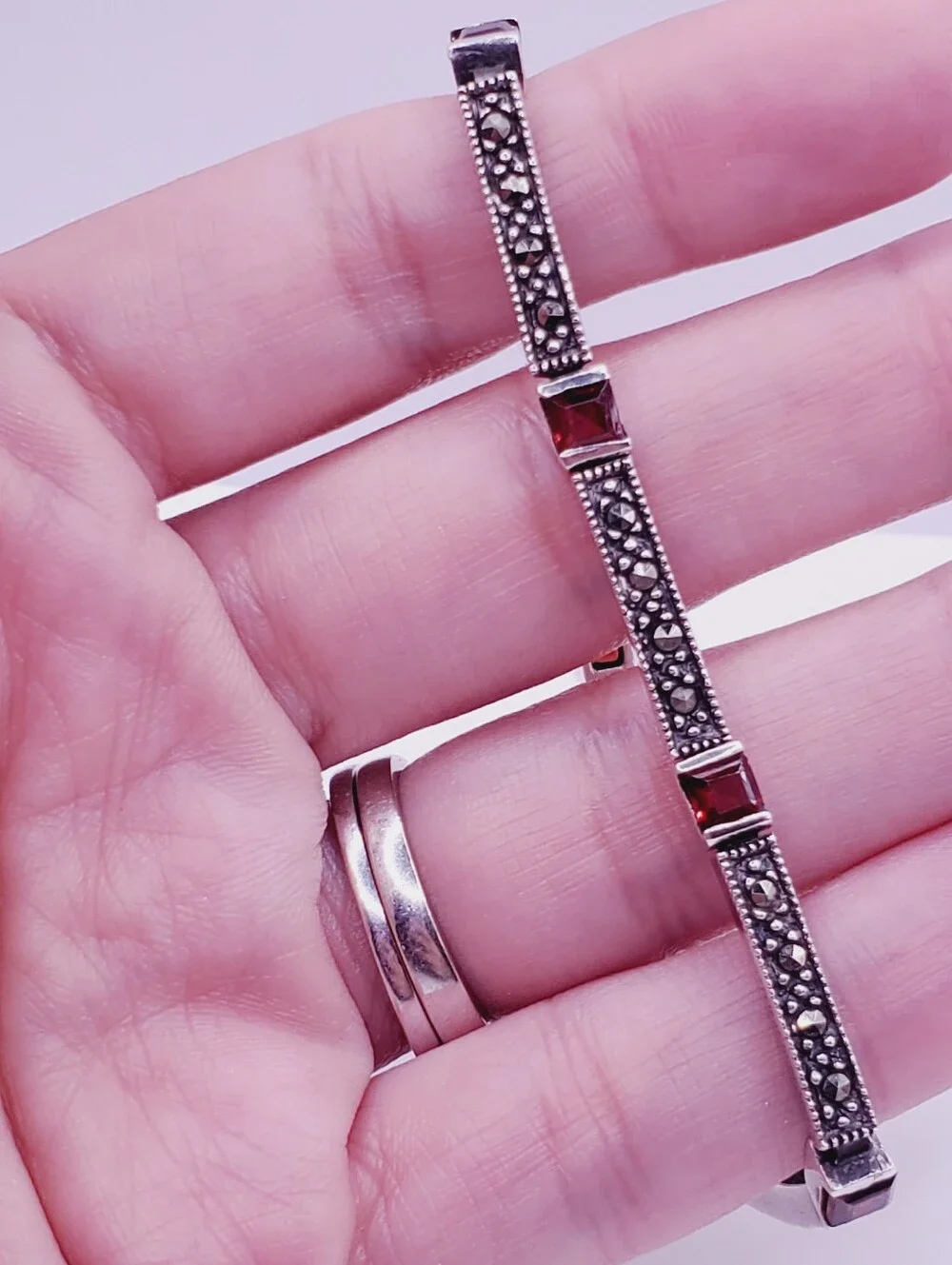 Sterling Silver Marcasite Bangle with Garnet Accents 2.75 Carat
